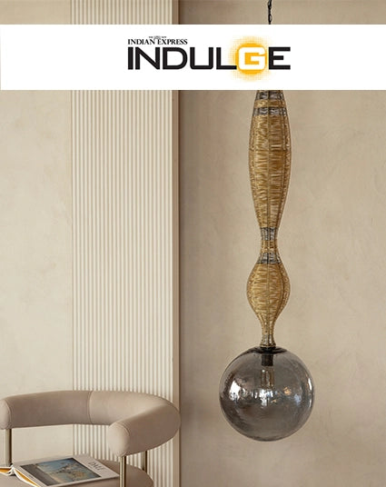 Print feature in Indulge Express highlighting Yaahvi's handcrafted lighting fixtures.​